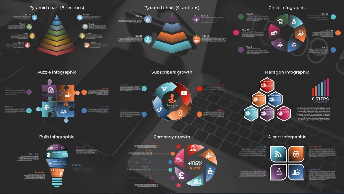 1100个公司企业信息数据柱状饼状扇形图表动画 Infomax – The Big Infographics Pack